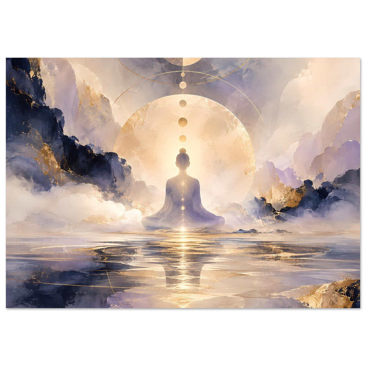 Horizontales Poster mit Meditationsfigur, goldenem Kreis über Wasser, Felsgestein
