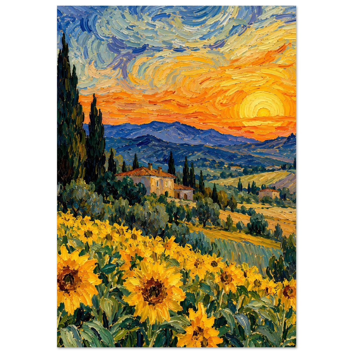 Kunstposter mit Sonnenblumen unten, Hügellandschaft und großer goldener Sonne bei Sonnenuntergang