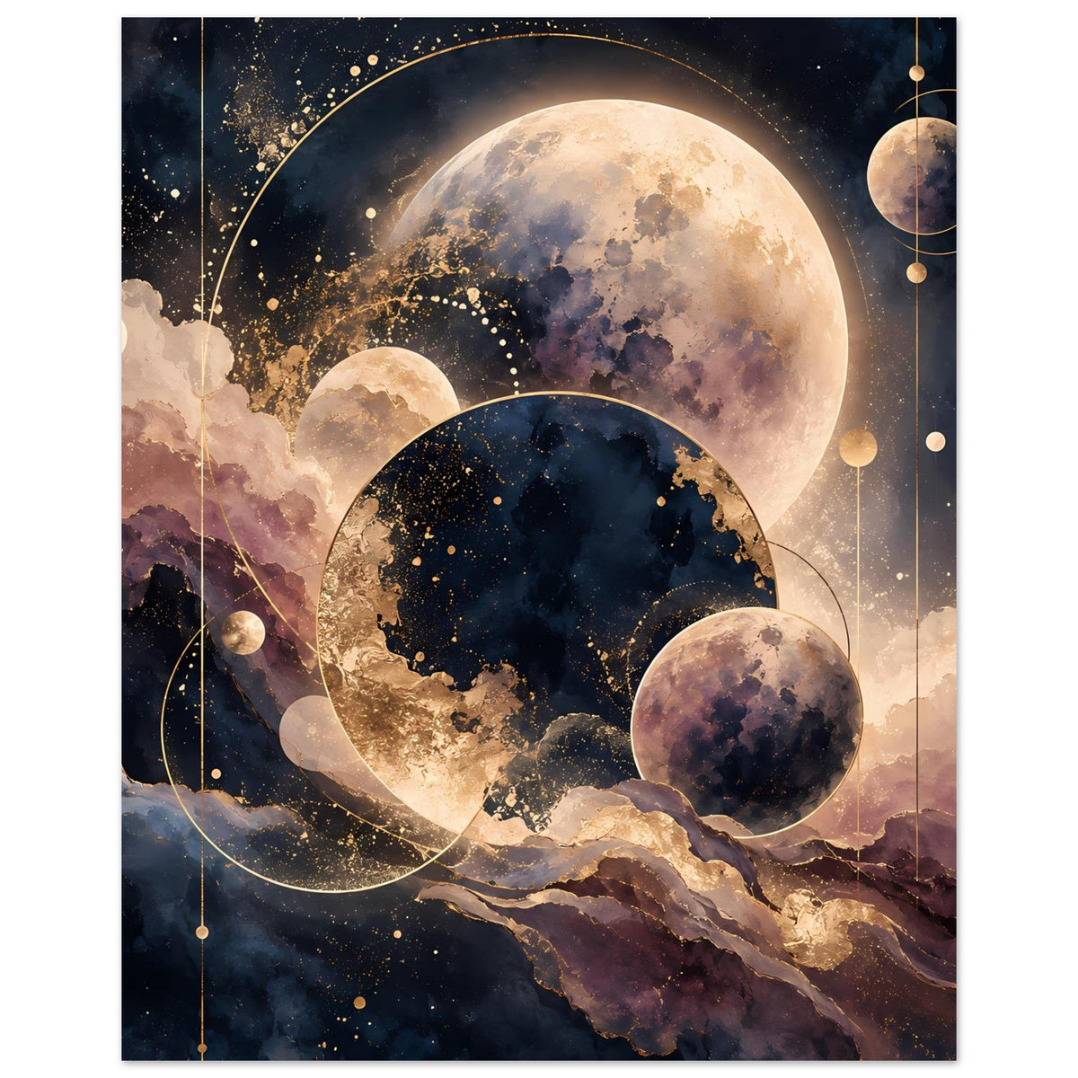 Vertikales Planetenposter mit großer Mondscheibe, dunklem Planeten und Sternen