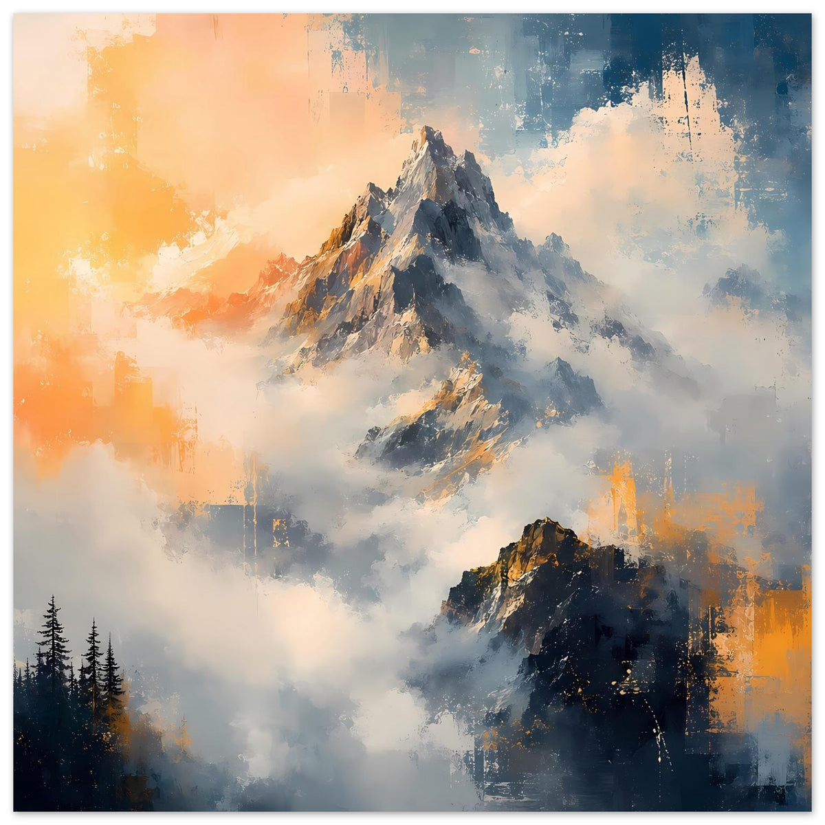 Poster mit Berglandschaft in Blau-Grau, orangefarbene Lichtstimmung und Tannen unten links