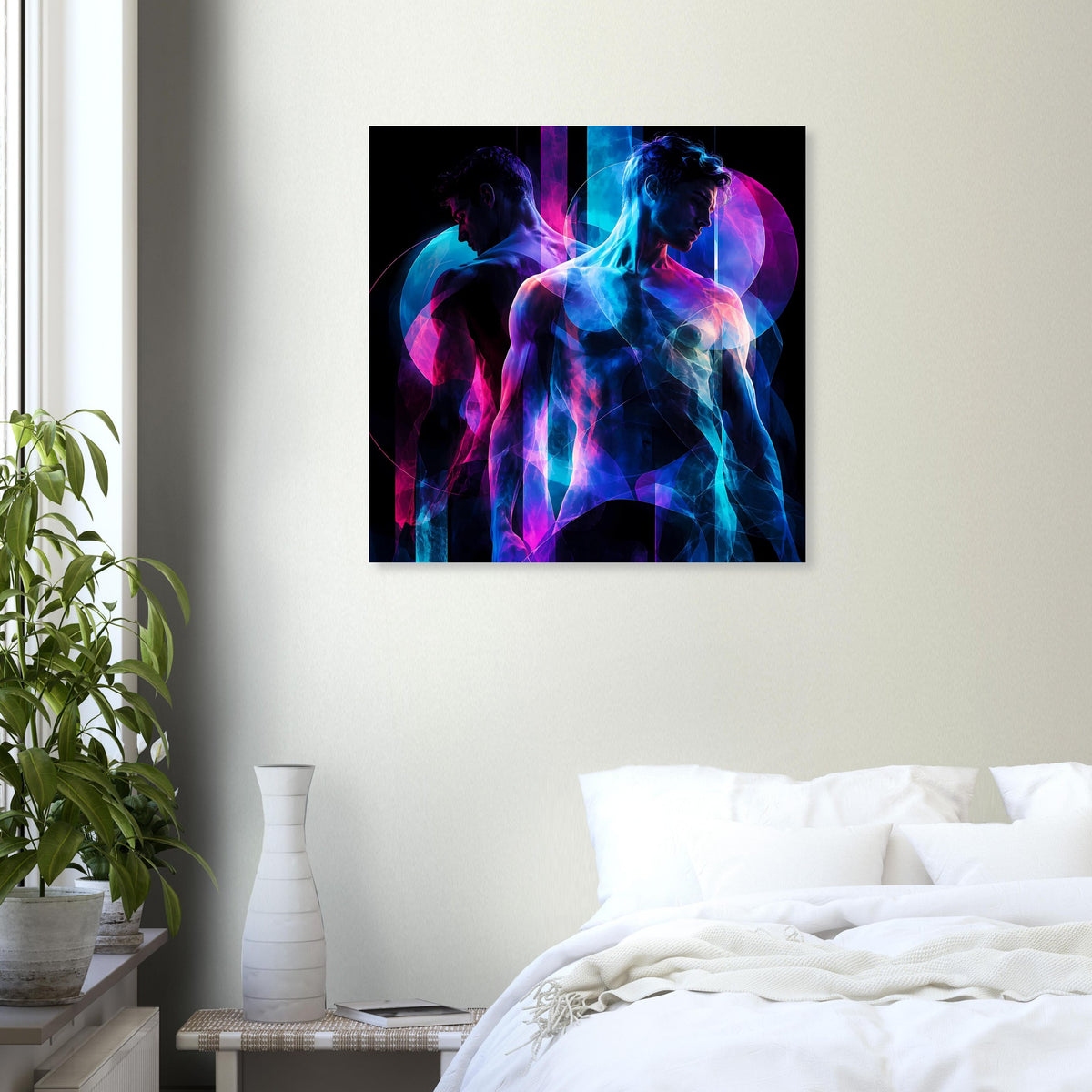 Kunstposter mit Neon-Illustration: zwei menschliche Silhouetten in Blau/Pink auf Schwarz