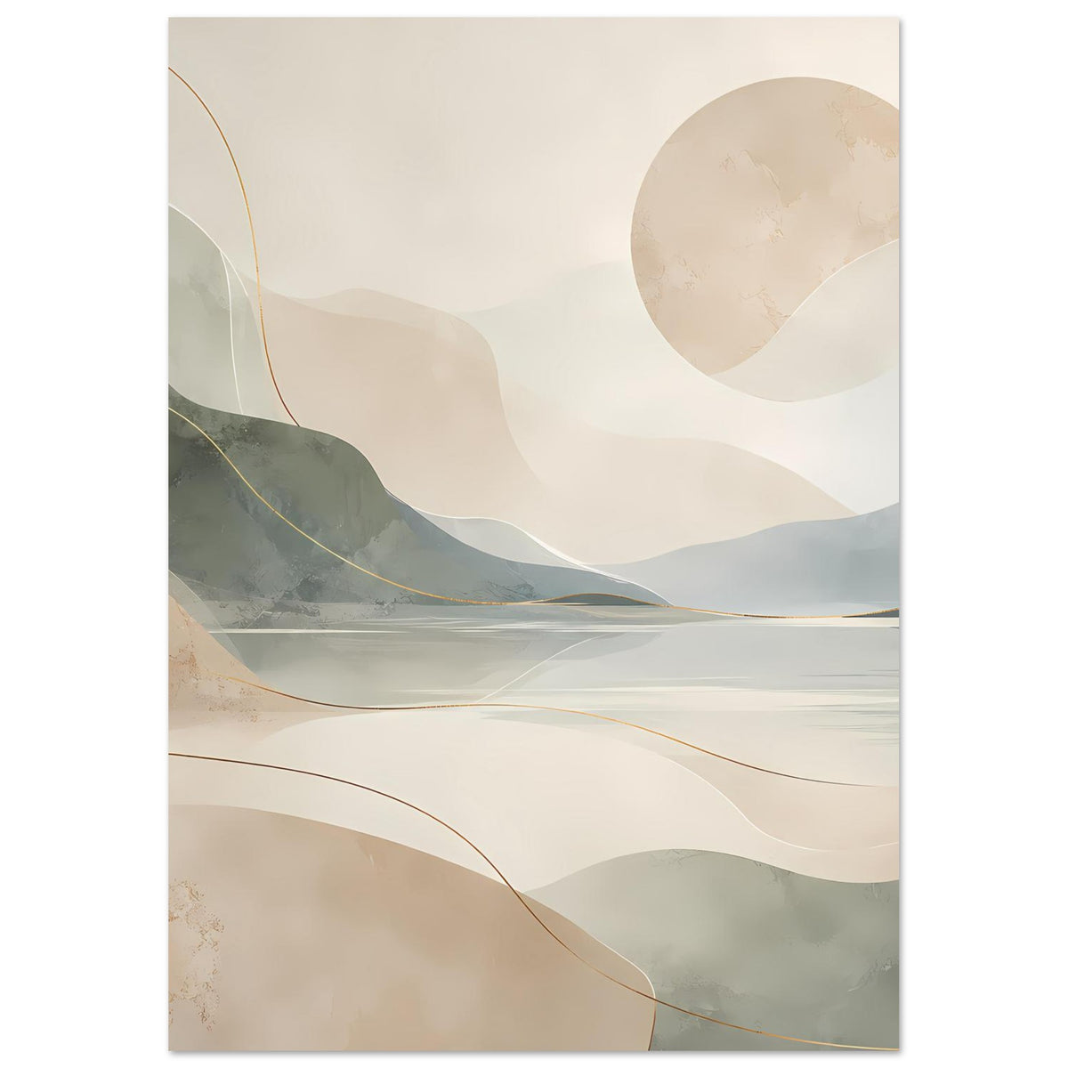 Abstraktes Poster: ruhige Seenlandschaft mit Bergen, Beige und Goldlinien; vertikal