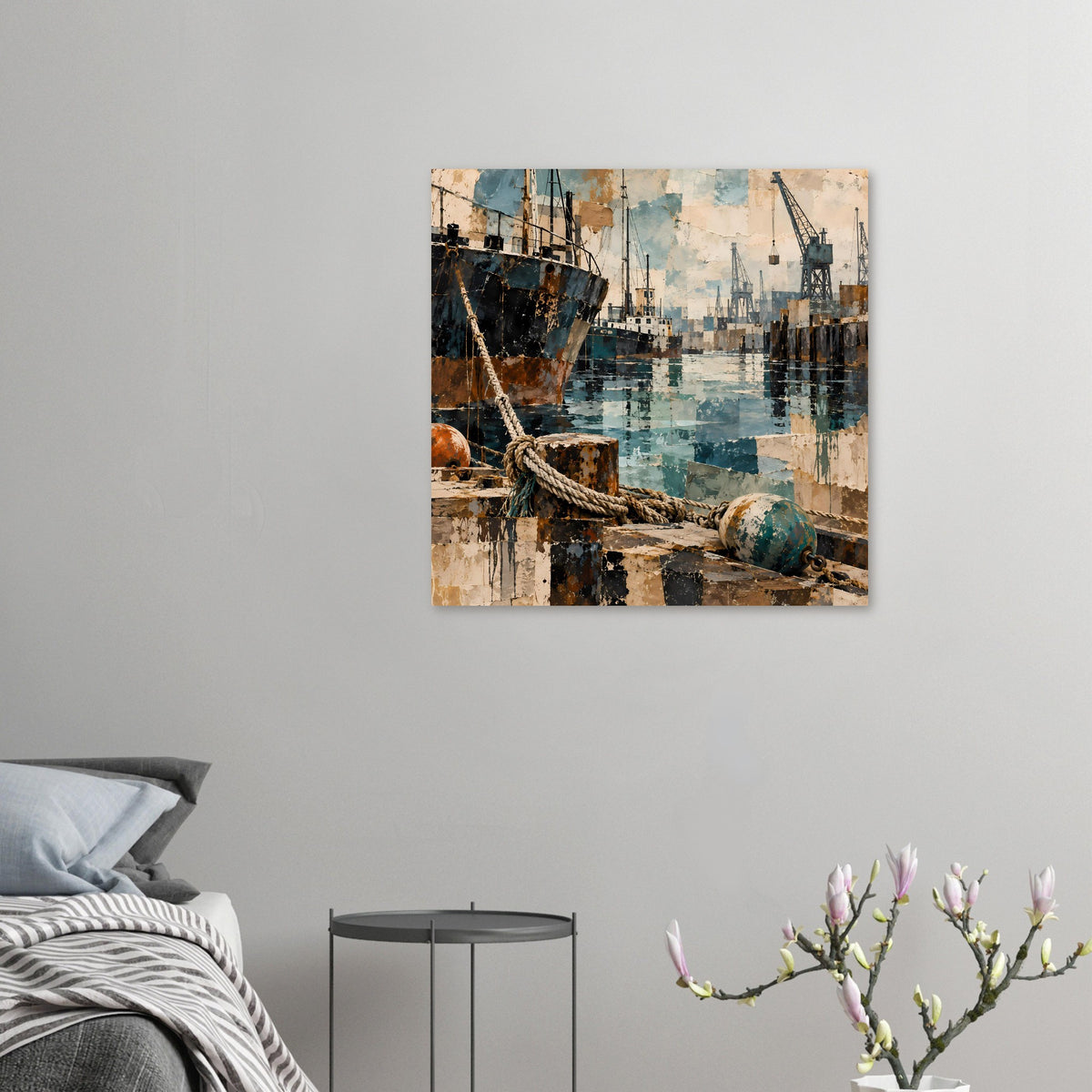 Maritimes Poster im Rahmen: Schiffbug mit Seil vor dem Hafenbecken, Kräne im Hintergrund.