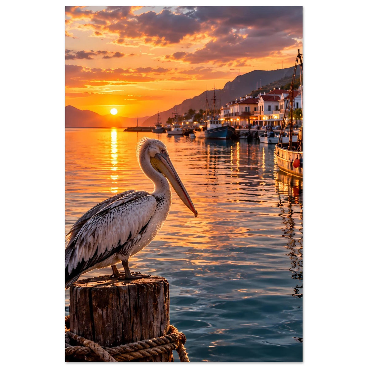 Premium-Poster: Pelikan auf Holzpfahl, Spiegelungen im Wasser, Sonnenuntergang am Hafen