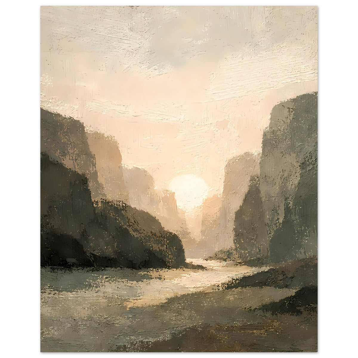 Poster mit Lichtstrahl im Tal, dunkle Bergflanken, helles Wasser-/Bodengebiet