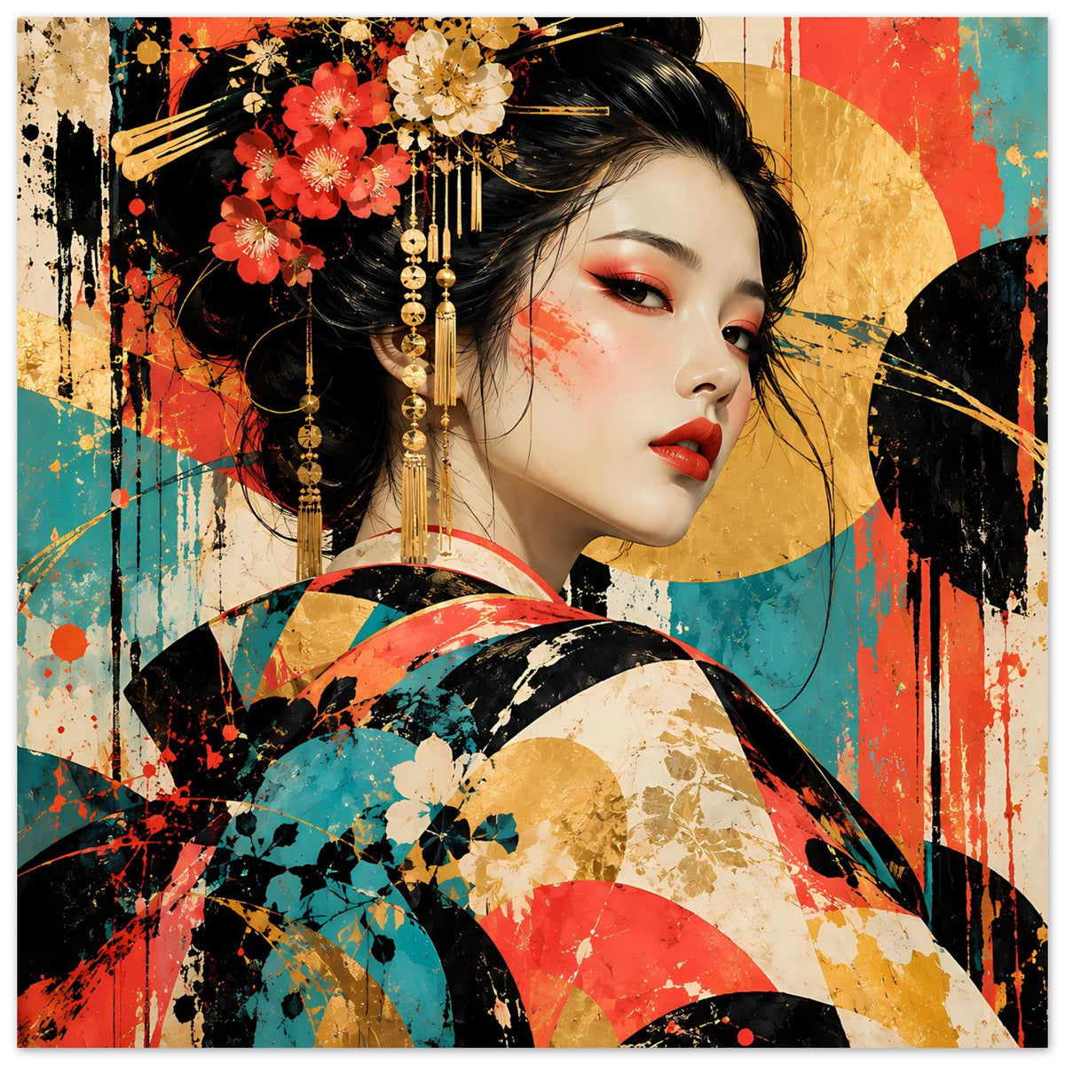 Geisha-Kunstposter im breiten Format: Porträt, Blumen im Haar und kräftige Farbflecken