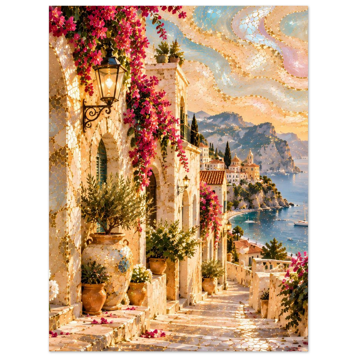 Posterset mit mediterranem Gassenmotiv, goldenen Lichtern, roten Blütenranken und Meer im Hintergrund