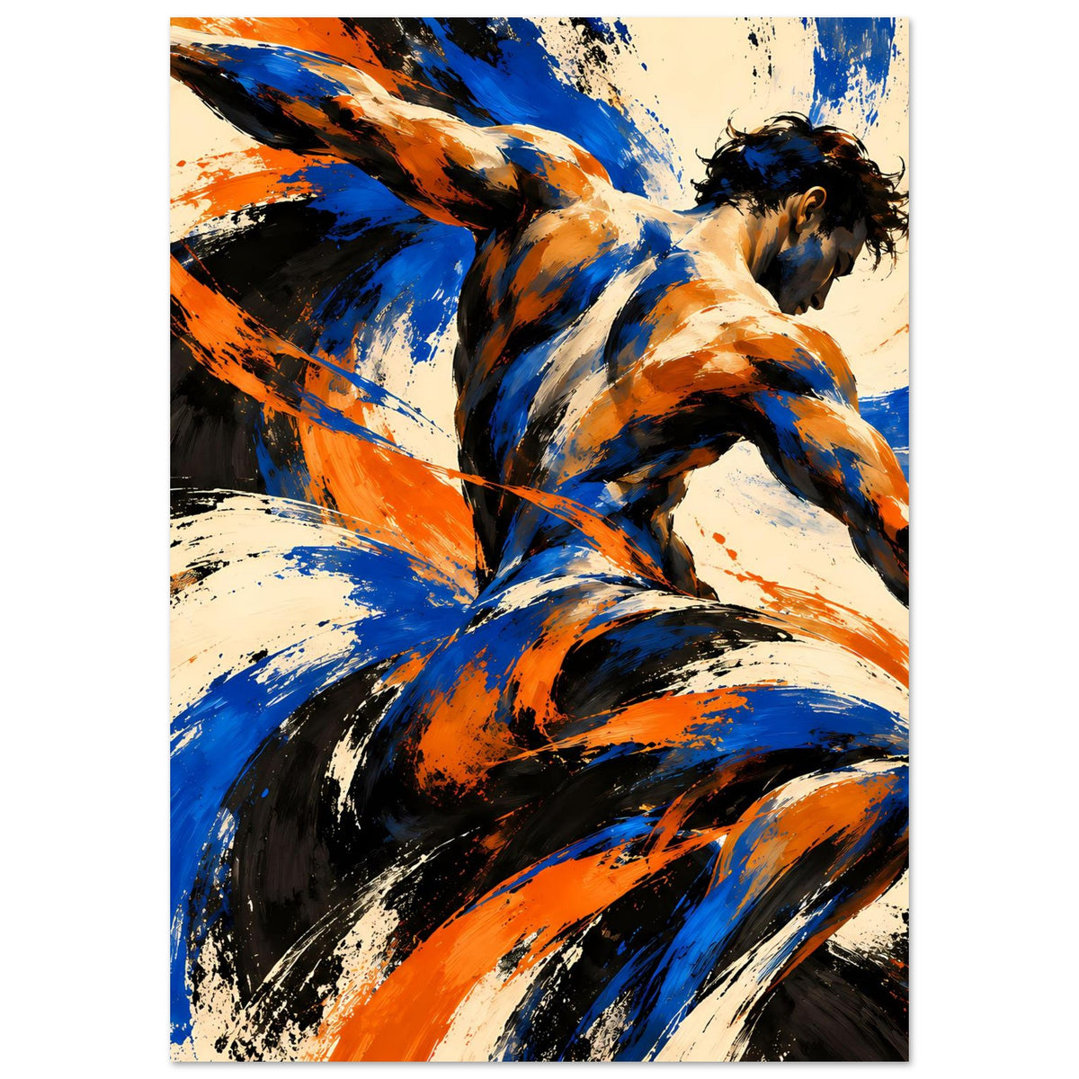 Kunstposter im Hochformat mit Pinselstrichen in Dunkelblau, Orange und Schwarz