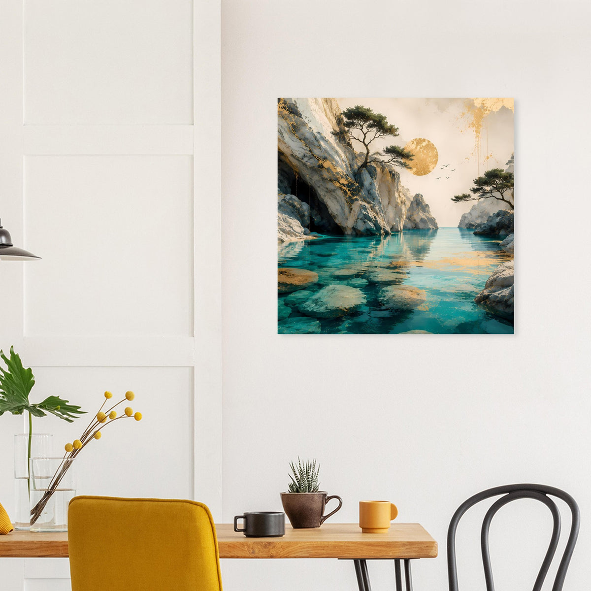 Quadratisches Wandposter Küstenlandschaft: türkisblaues Wasser, Felsen und Bäume mit goldener Sonne/Mond