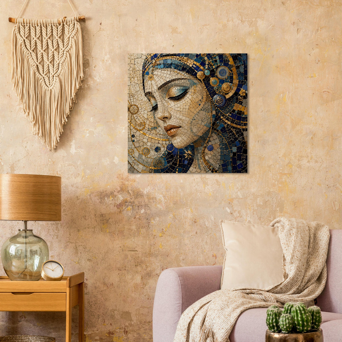 Mosaik-Porträtposter einer Frau in Blau-Gold mit dunklem Turban und Kreismotiven