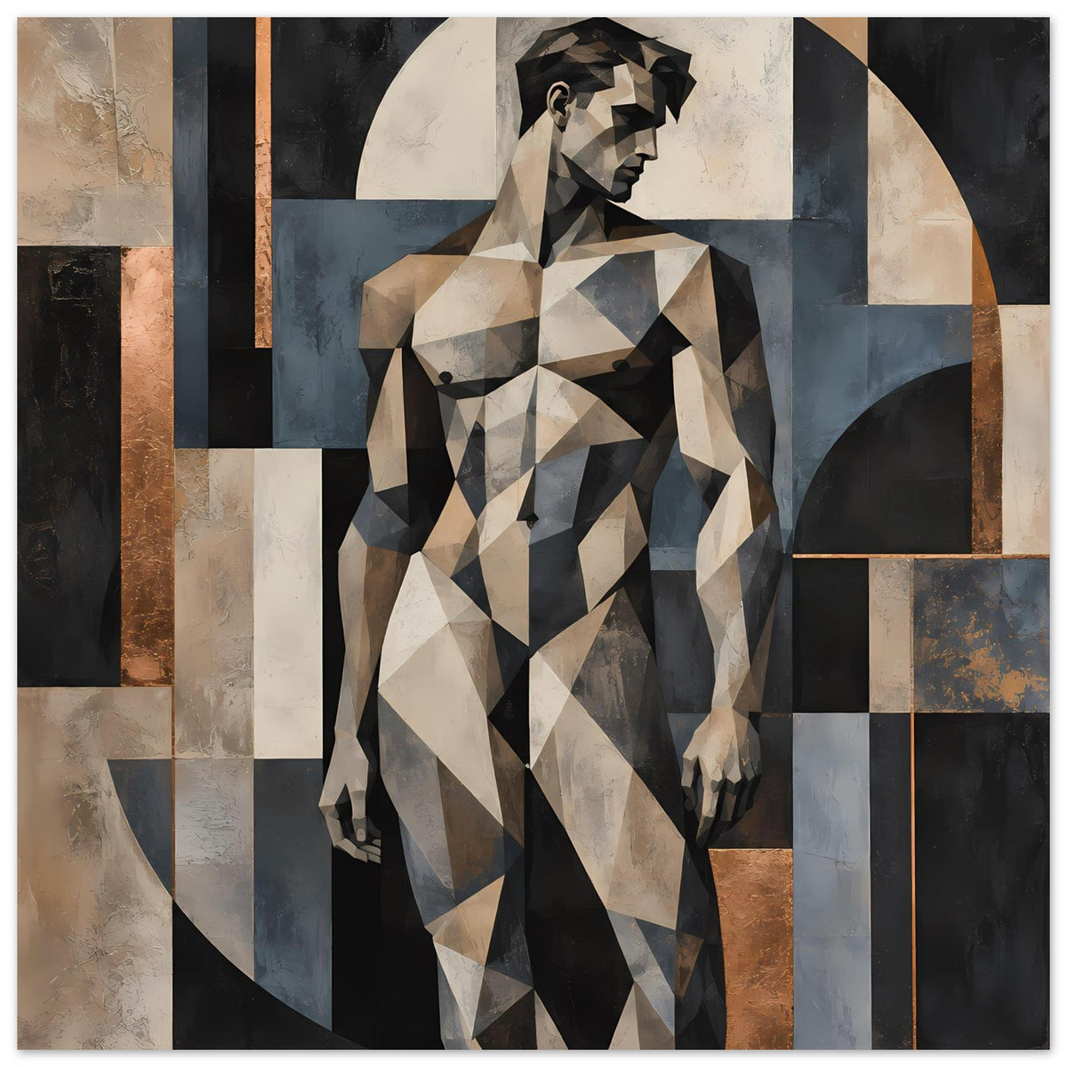 Kunstposter mit geometrischer Aktfigur im Beigeton, Blau-Grau und Braun, Profilansicht
