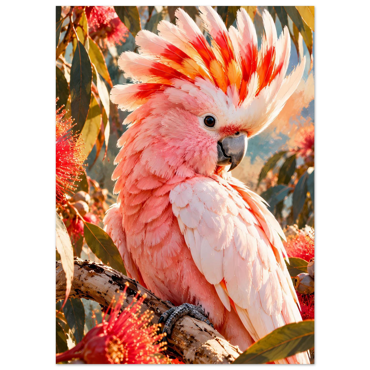 Poster mit rosa-weißem Kakadu, Federhaube nach oben, sitzt auf rauem Ast