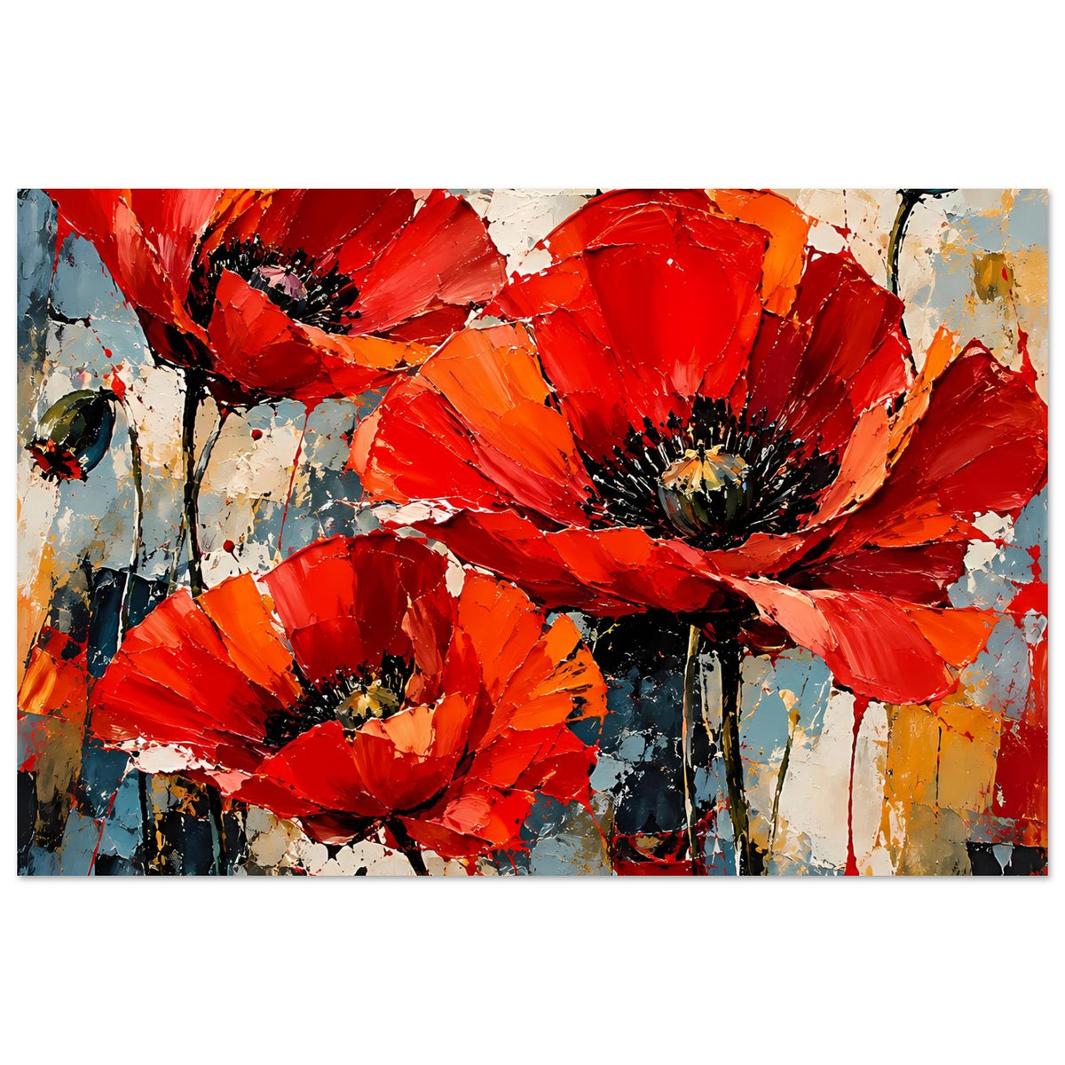 Horizontales Poster mit abstrakten roten Mohnblumen, kräftige Farben auf matter Premiumpapierfläche
