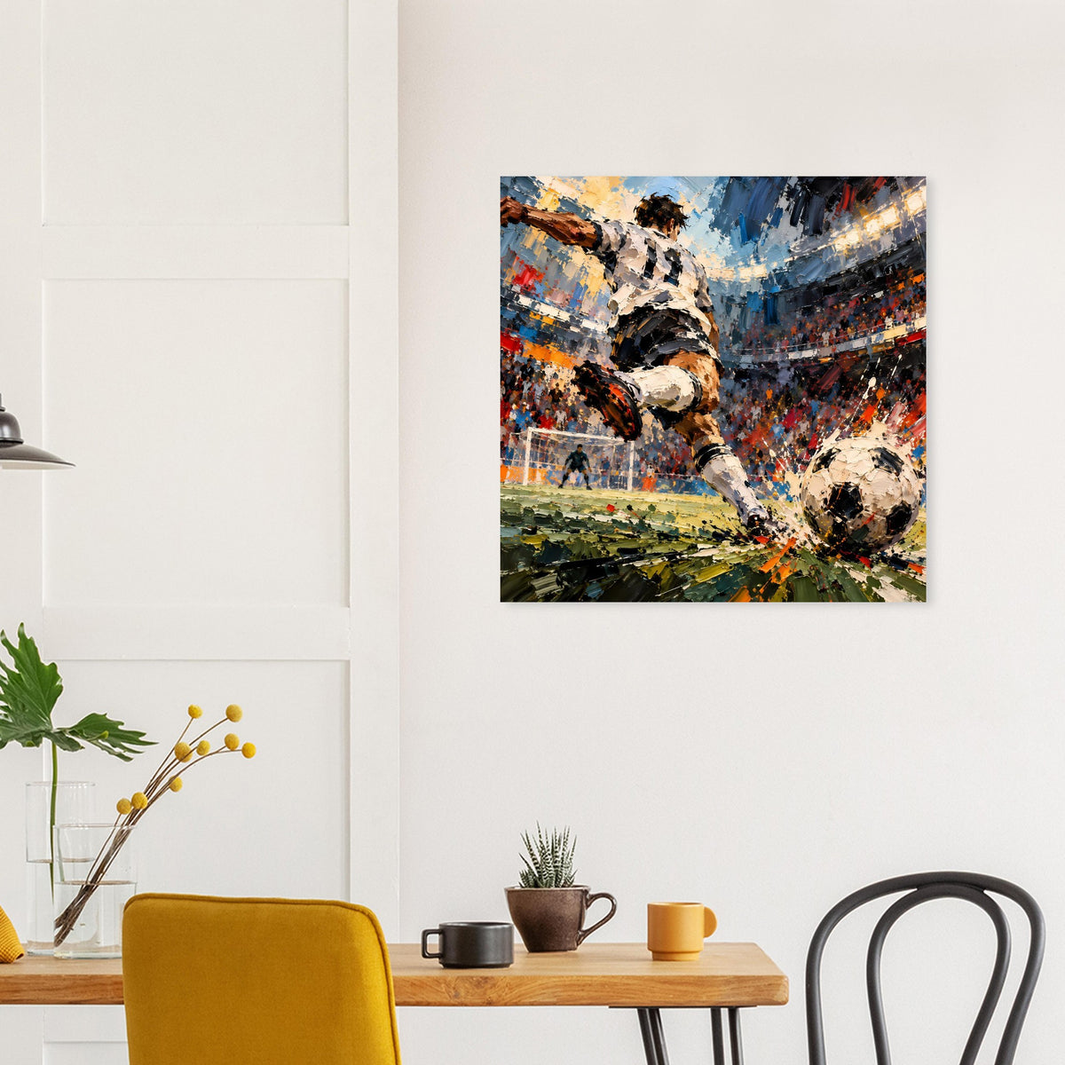 Quadratisches Fußball-Actionposter mit fliegendem Spieler und überlappenden Farbflächen