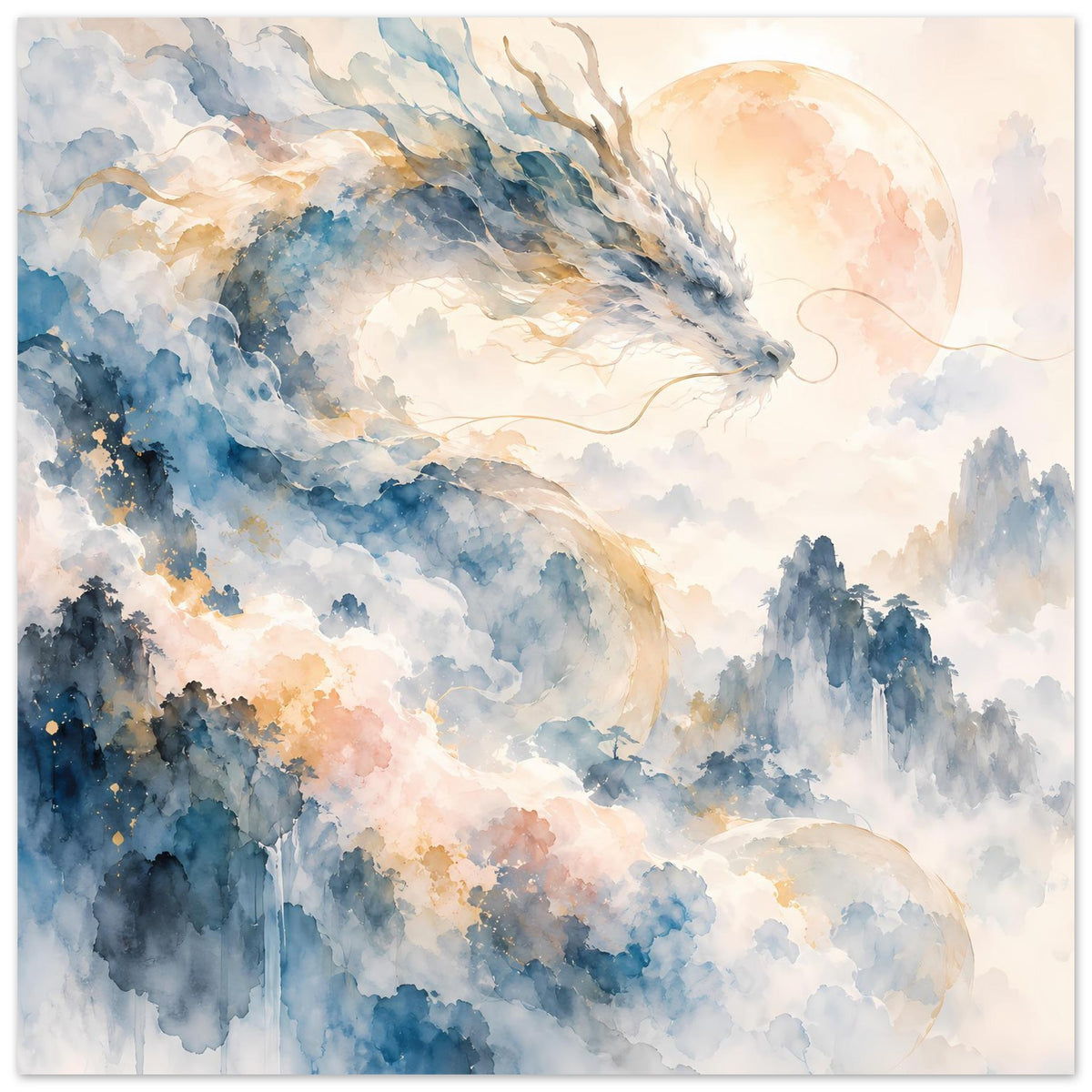 Fantasie-Aquarellposter: Drache im Flug über nebligen Bergen, Himmel mit Pastelltönen