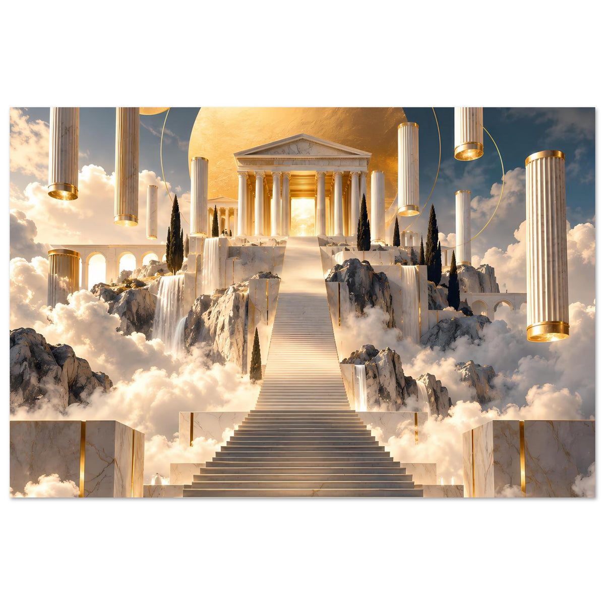 Horizontales Wandposter, Blick durch Säulen zum Tempel auf einem Treppenweg