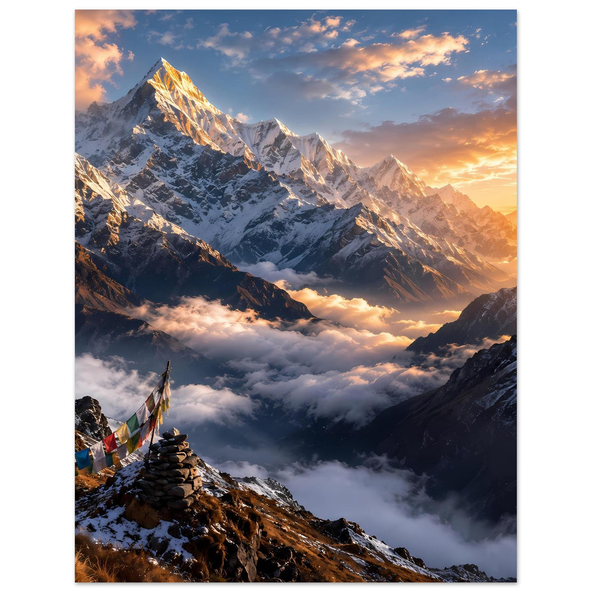 Bergposter mit goldenem Sonnenaufgang, schneebedeckten Bergen und Gebetsfahnen