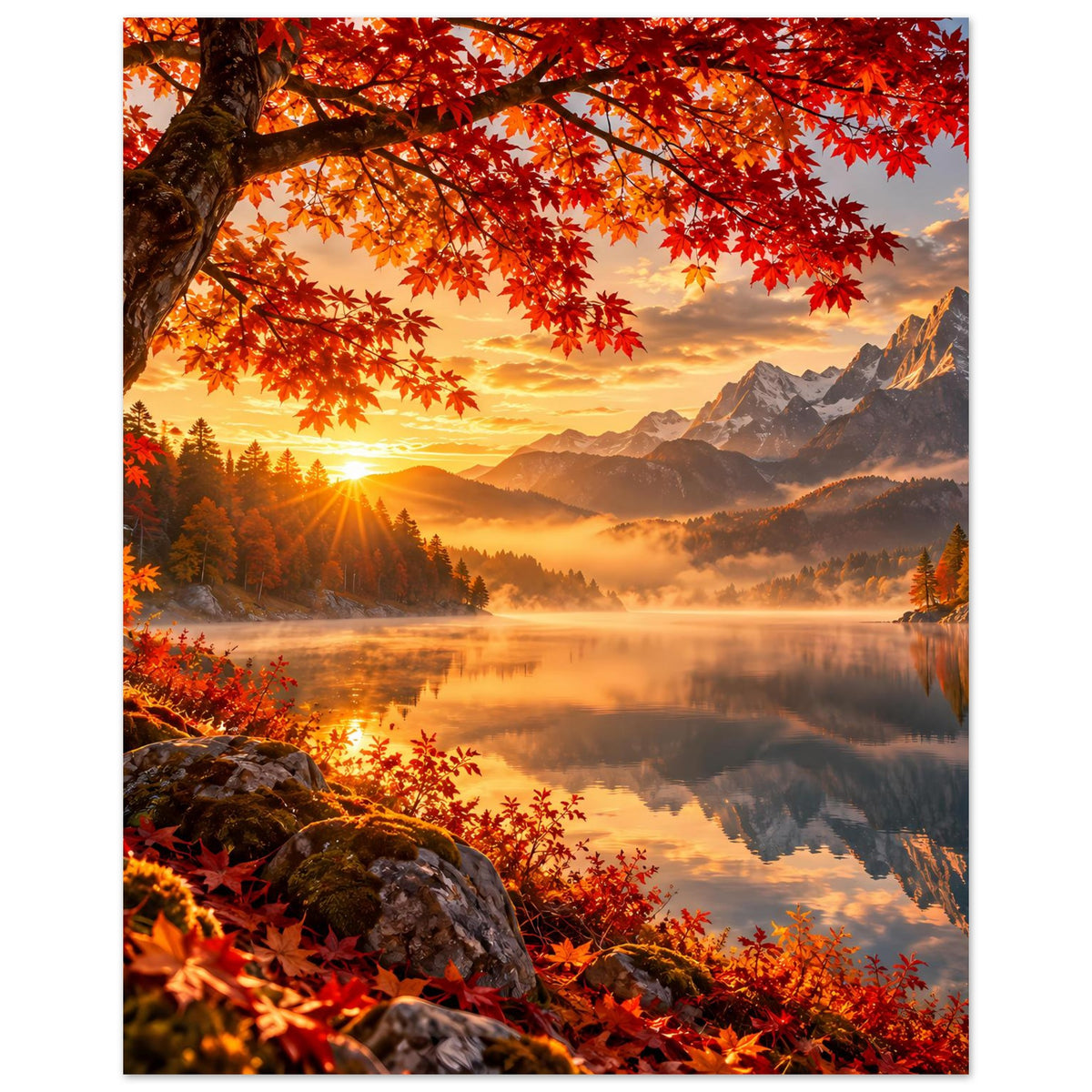 Herbstlandschaft-Poster hochformatig mit Morgensonne, Bergen, Nebel über See und roten Blättern