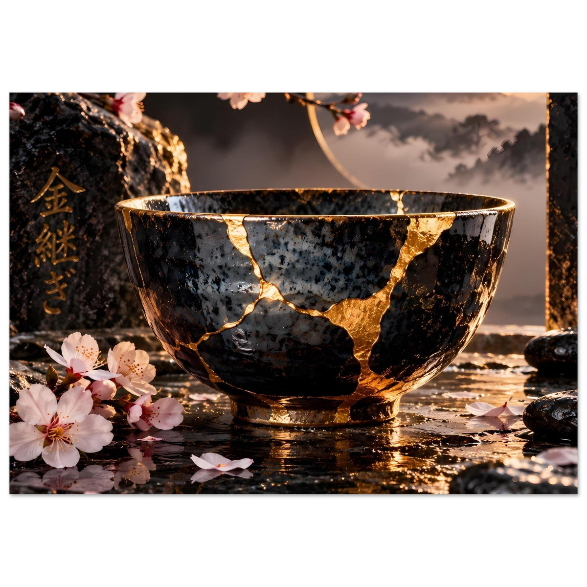 Poster: schwarze Kintsugi-Schale mit goldenen Rissen, Kirschblüten und Berg im Hintergrund