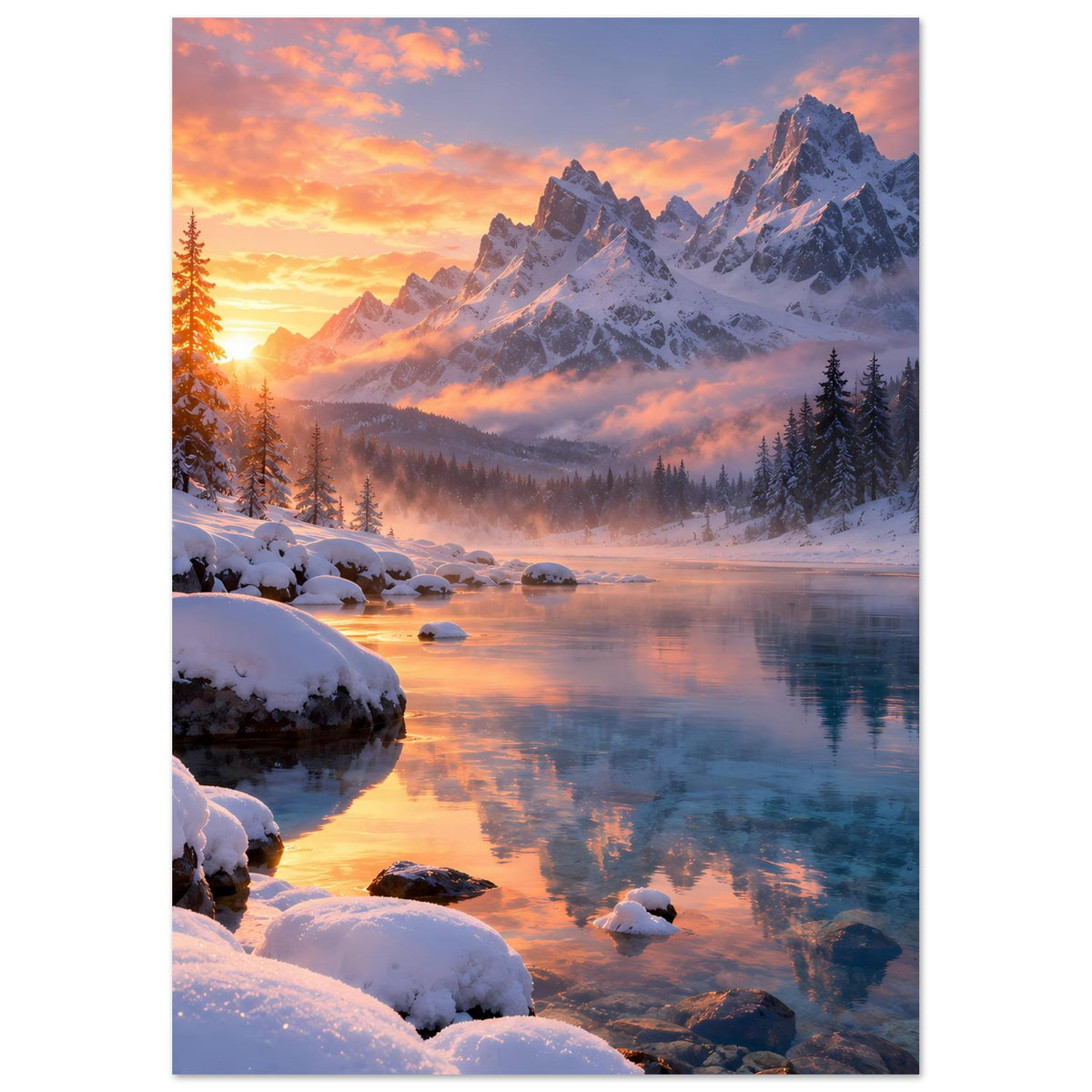 Winterlandschaft-Wandposter im Hochformat: Sonnenaufgang, Alpenberge, Nebel über dem Tal, ruhiger Fluss