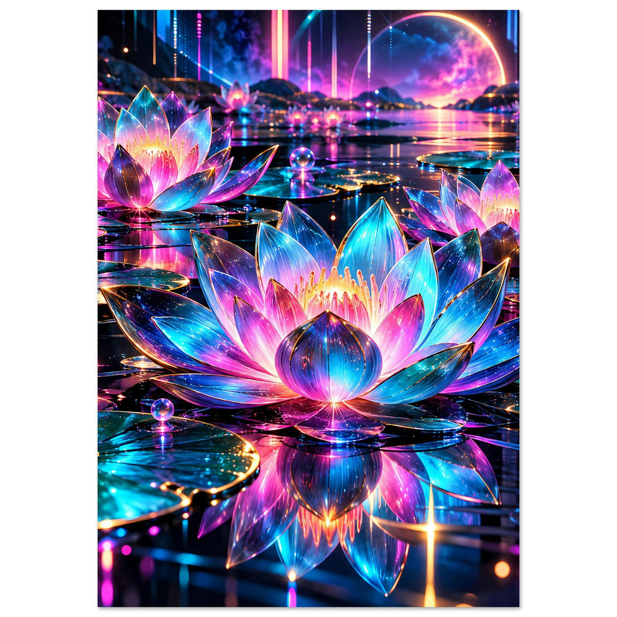 Poster mit leuchtenden Lotusblüten, vertikale Ansicht, Regenbogen-Neon und spiegelnde Wasseroberfläche