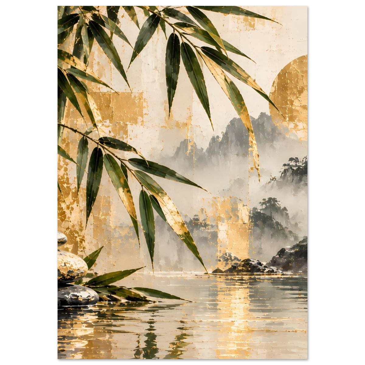 Vertikales Poster mit Bambusblättern, Wasserfall-Mist und goldenen Farbflecken; Steine links