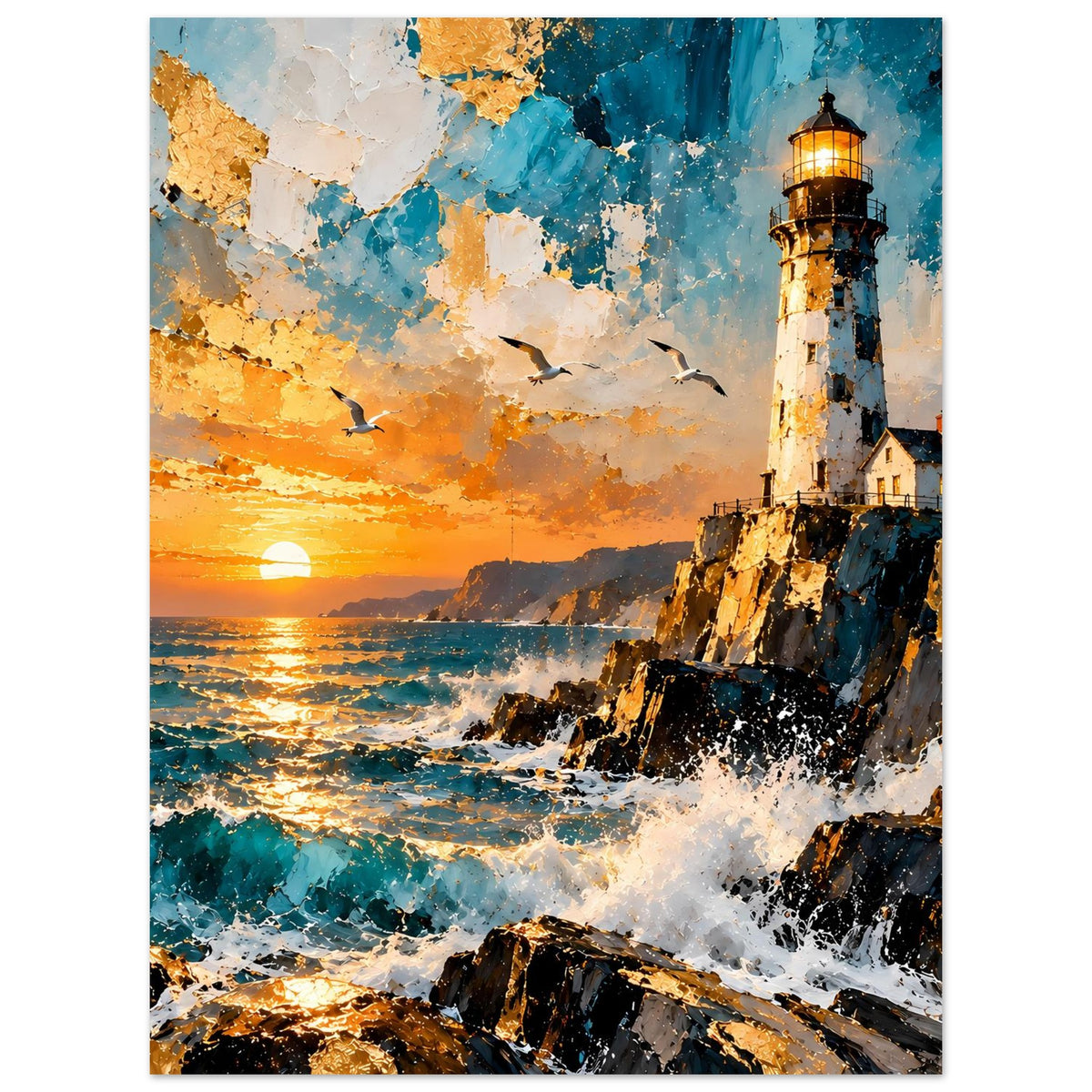Leuchtturm-Poster im Hochformat mit Sonnenuntergang, türkisfarbenen Wellen und Klippen