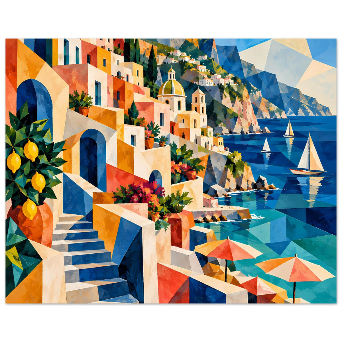 Kunstposter mit mediterraner Küste: Treppenhaus, bunte Häuser, Meer, Boote und Zitronenstrauß