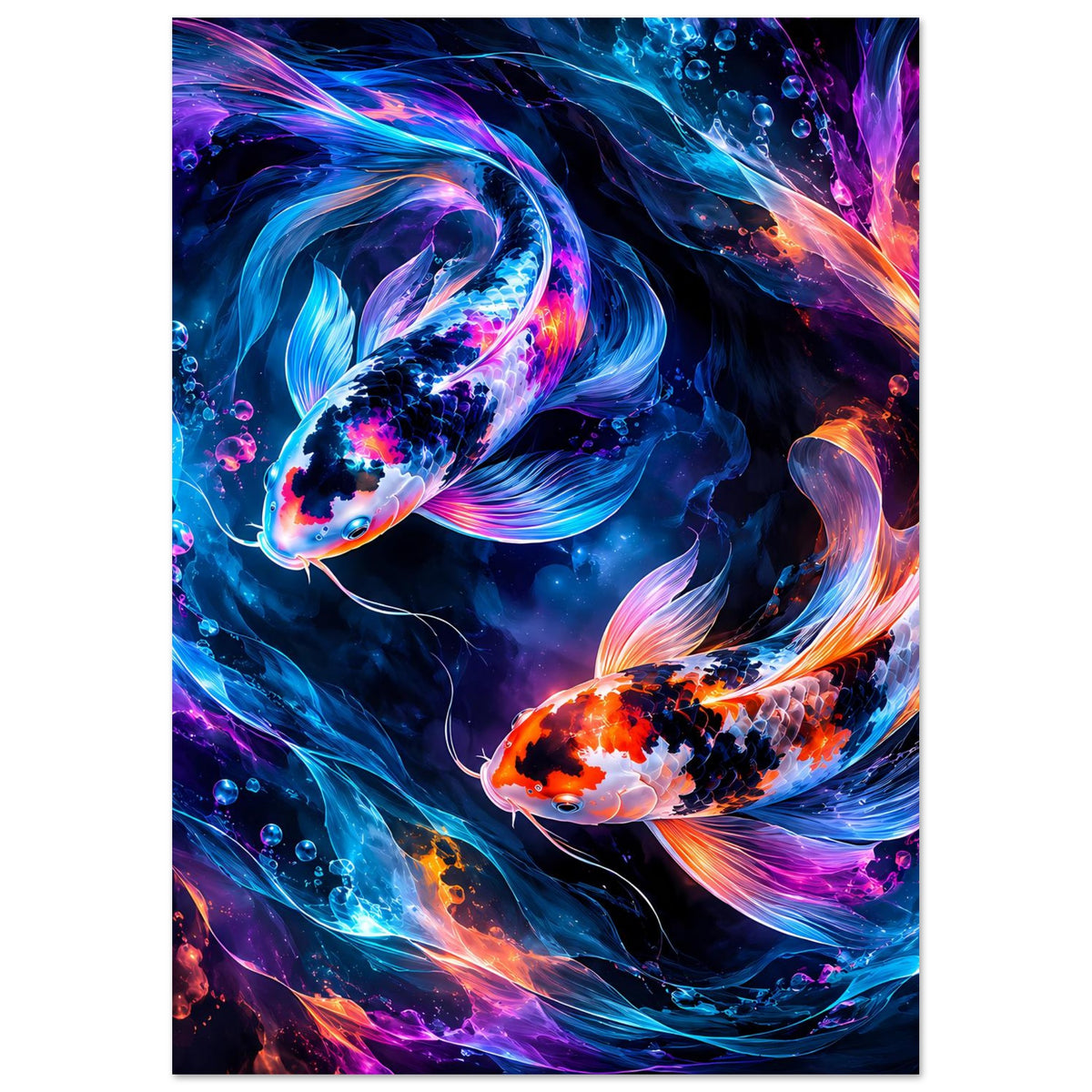 Vertikales Poster mit zwei leuchtenden Koi-Fischen in Blau und Orange, mit bunten Strömungen