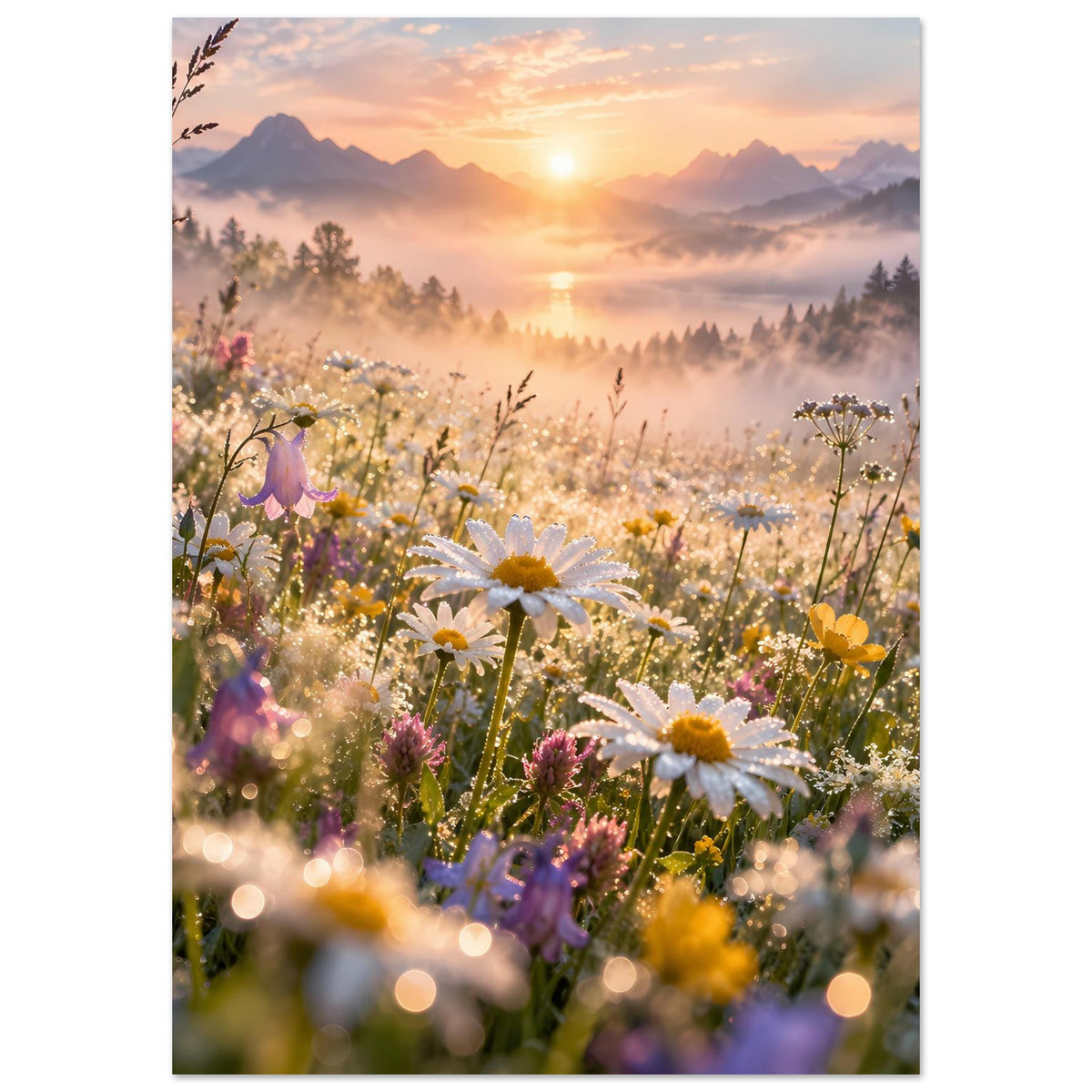 Hochkant-Wandposter mit Wiesenblumen und Sonnenaufgang, weiße und gelbe Blüten, Morgennebel