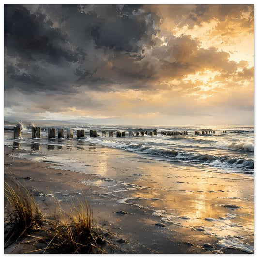 Strand-Sonnenuntergang Poster mit Wellen, nassen Holzpfählen und warmem Himmel, querformat