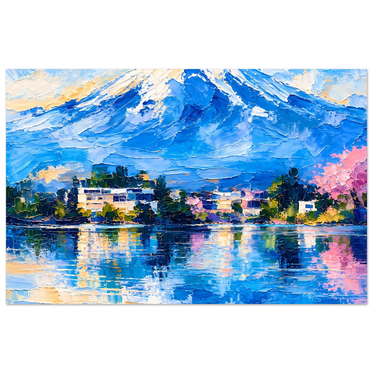 Kunstdruck Poster mit blauem Bergpanorama, See und bunten Häusern, horizontal