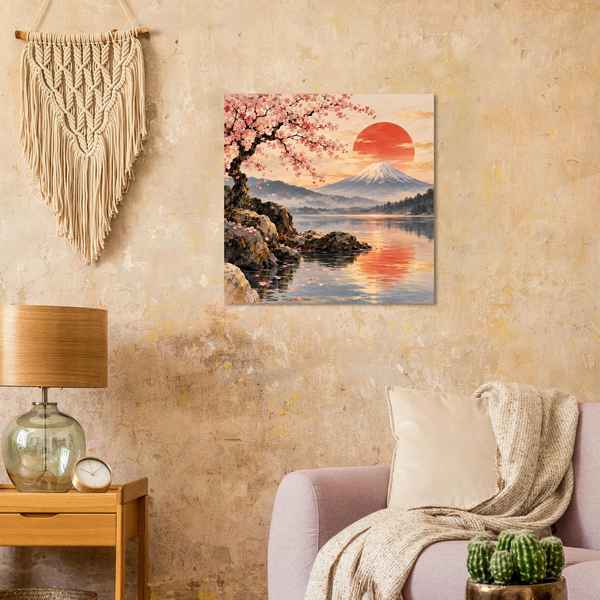 Poster mit Kirschblüten und Berg Fuji mit orangefarbenem Sonnenkreis über Wasser