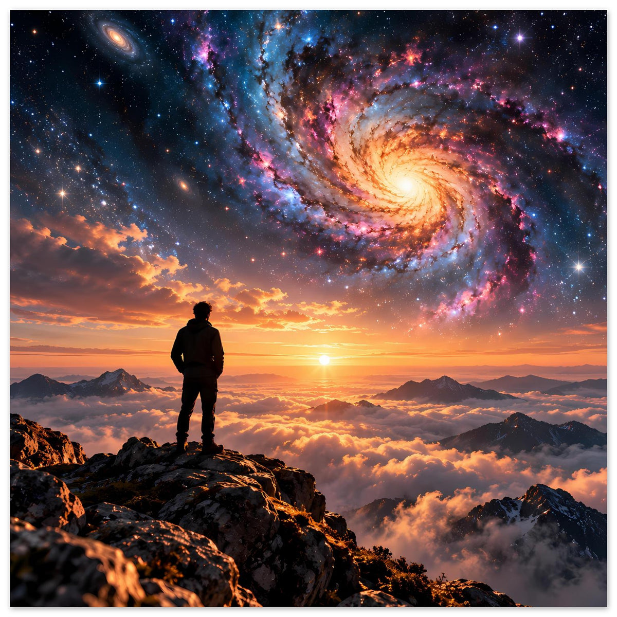 Poster mit Spiralgalaxie, Sonnenuntergang und Bergen; Silhouette einer stehenden Person