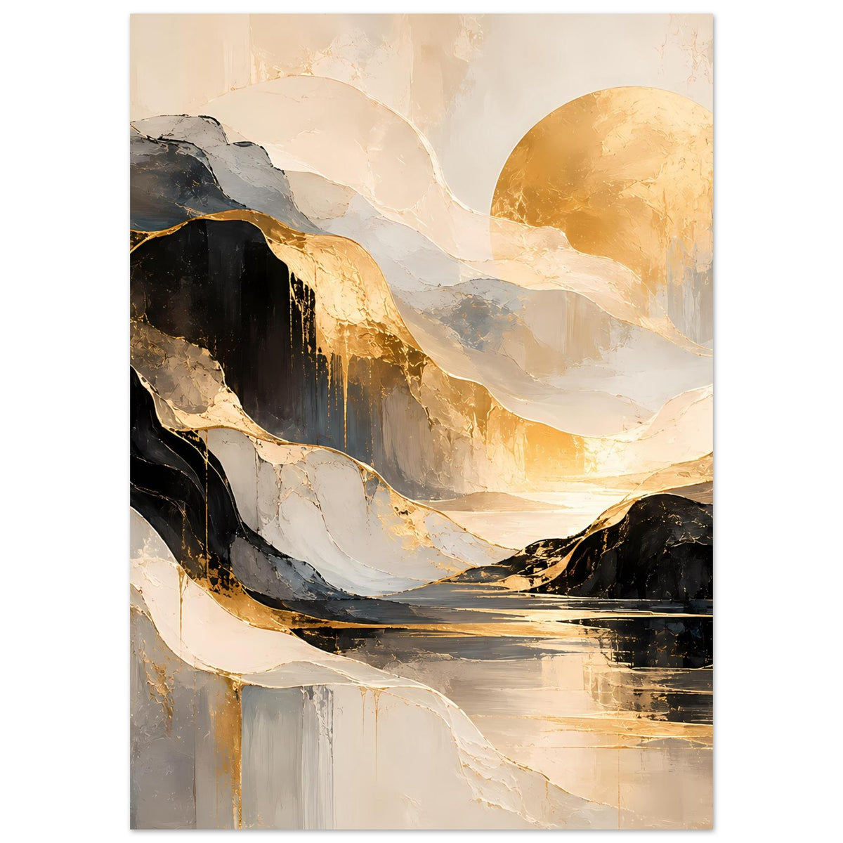 Abstraktes Gold-Schwarz-Kunstposter, vertikal, helles Wolkenband mit dunklen Kanten