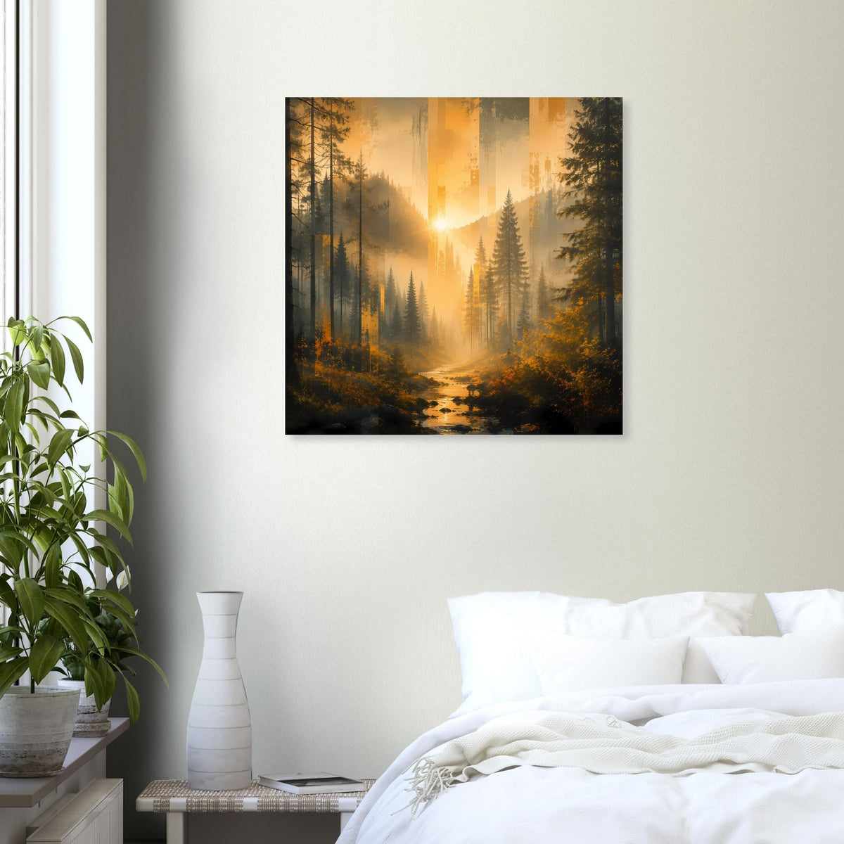 Wandposter mit Waldlichtung und Bach, Sonne im Nebel zwischen hohen Bäumen