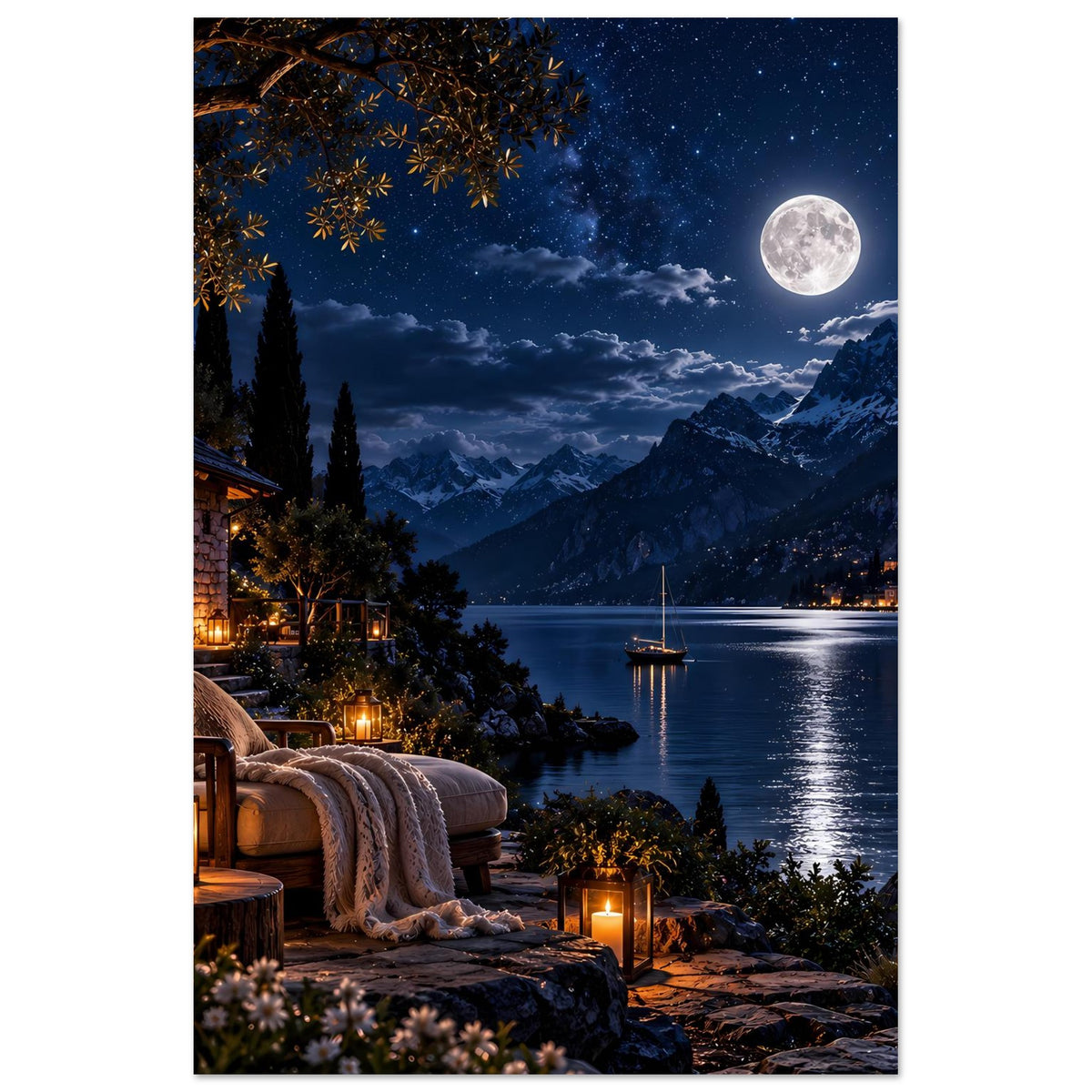 Vertikales Poster mit Vollmond über See, Berge, beleuchtete Hütte und Laternen