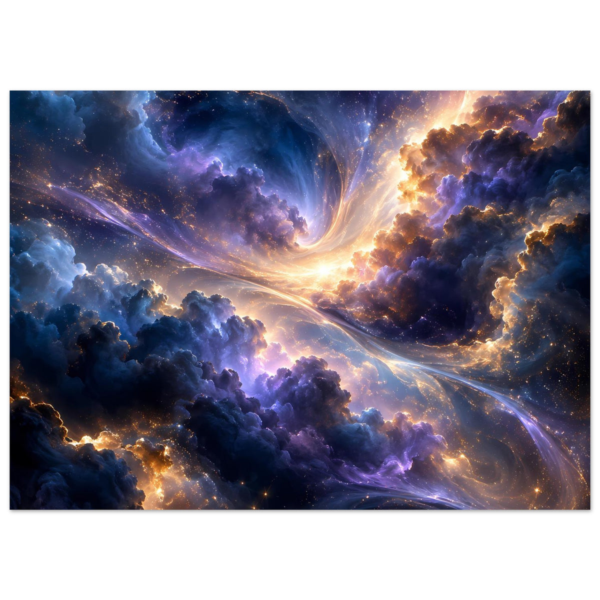 Horizontales Galaxieposter mit bunten Nebeln, leuchtenden Sternen und heller Lichtspur
