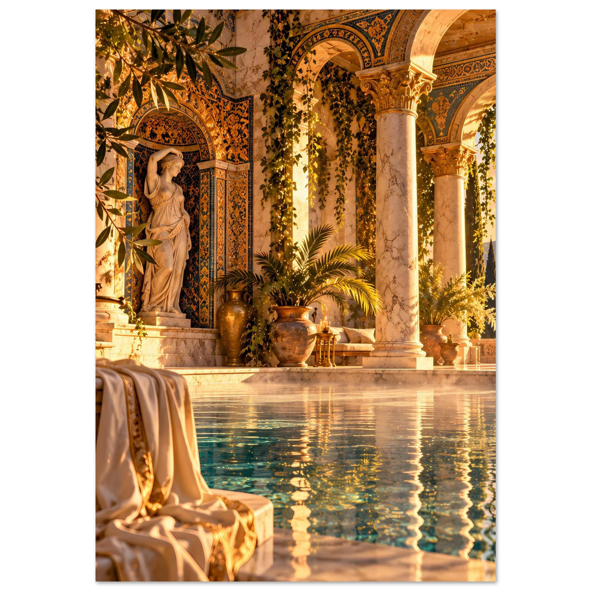 Mediterranes Pool-Poster mit goldener Architektur, Wasserspiegelung und Pflanzen vor Säulen