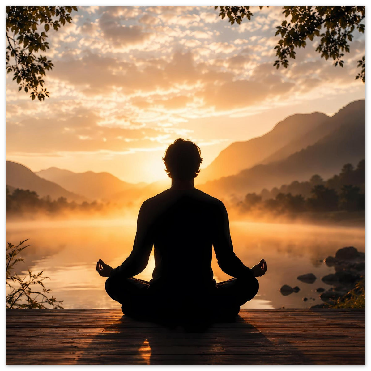 Zen-Meditationsposter im Querformat: sitzende Silhouette im Lotussitz, Sonnenaufgang zwischen Hügeln.