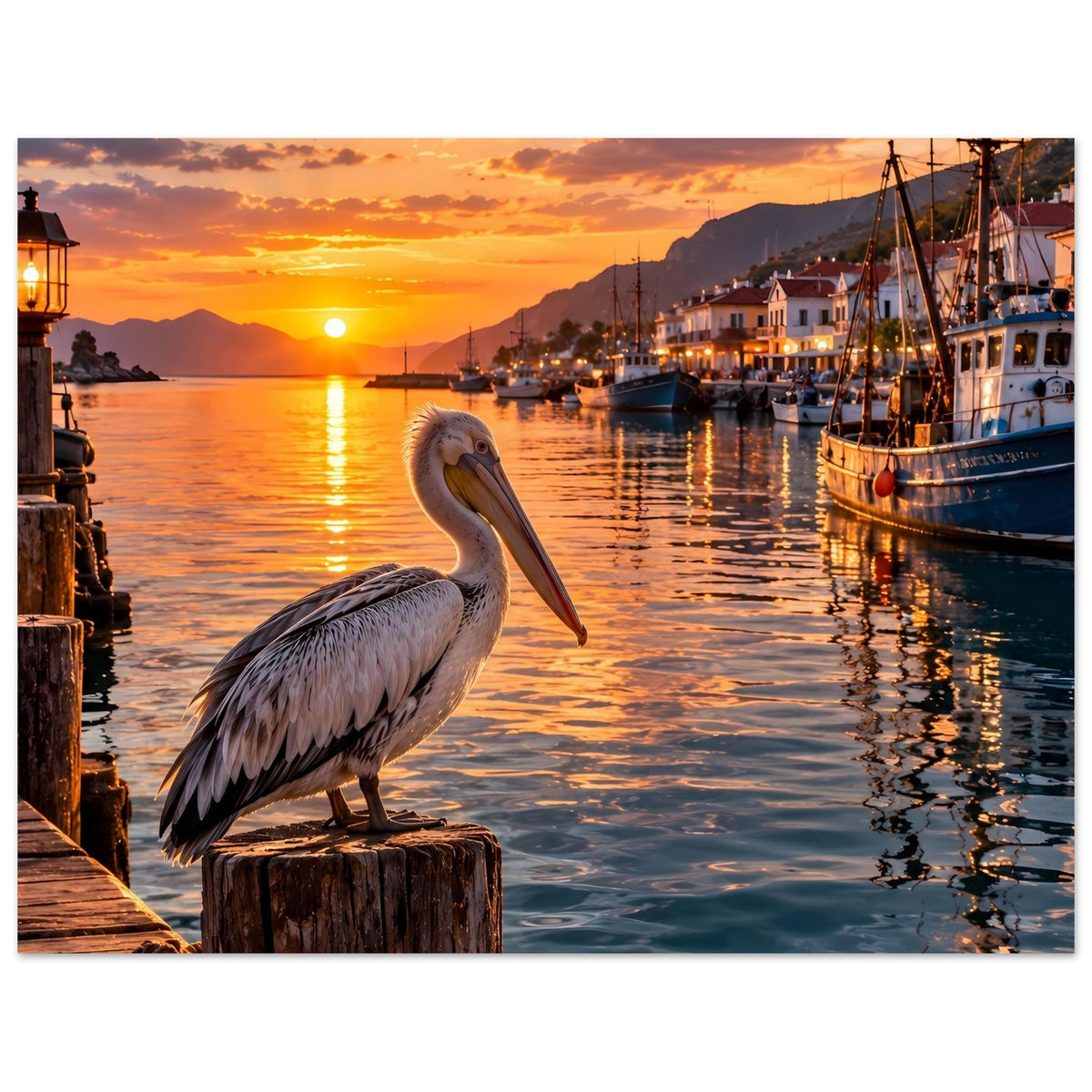 Poster mit Pelikan auf Steg vor Yachthafen bei untergehender Sonne