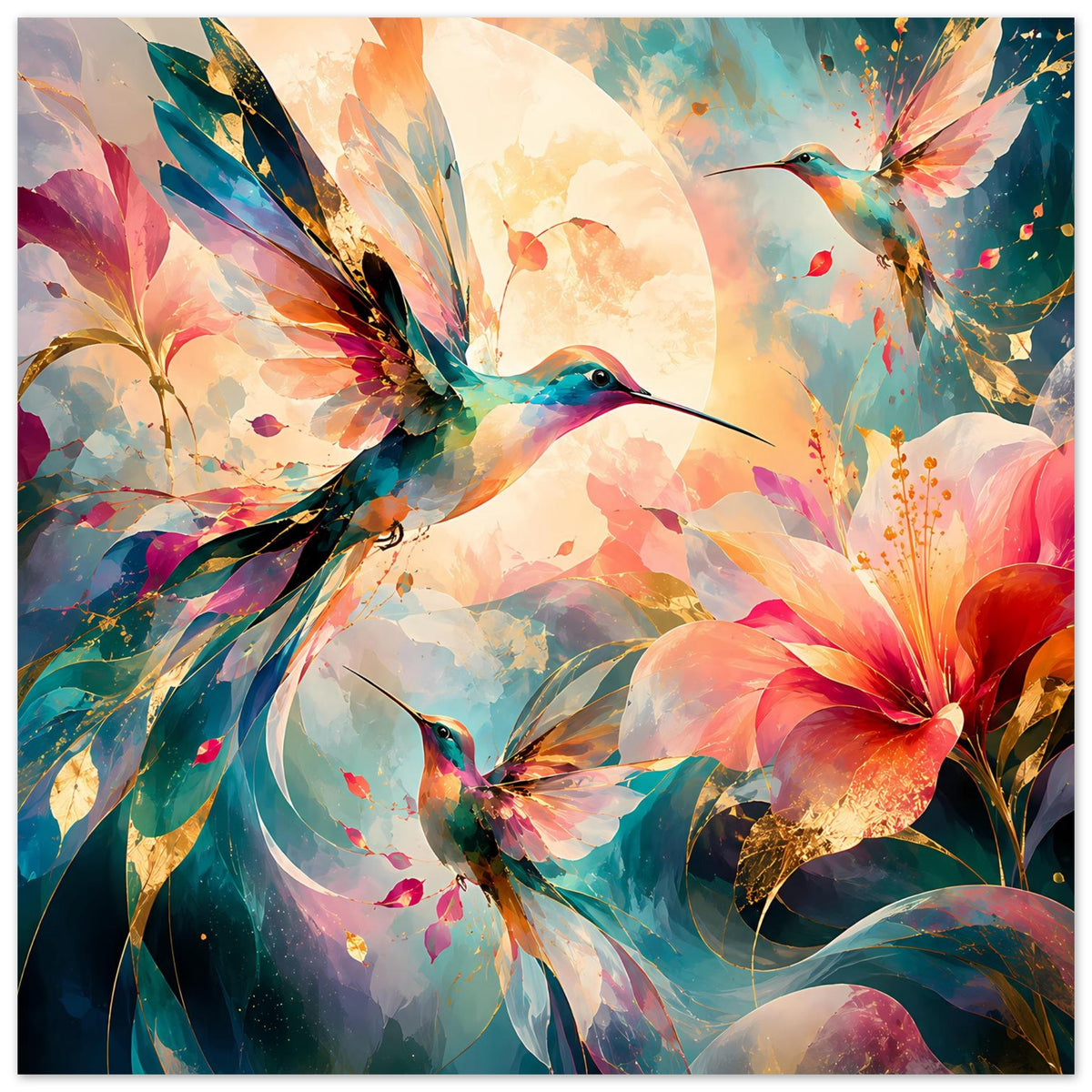 Gerahmtes Kunstposter im Hochformat: Kolibri zwischen Pastellblüten und goldenen Akzenten
