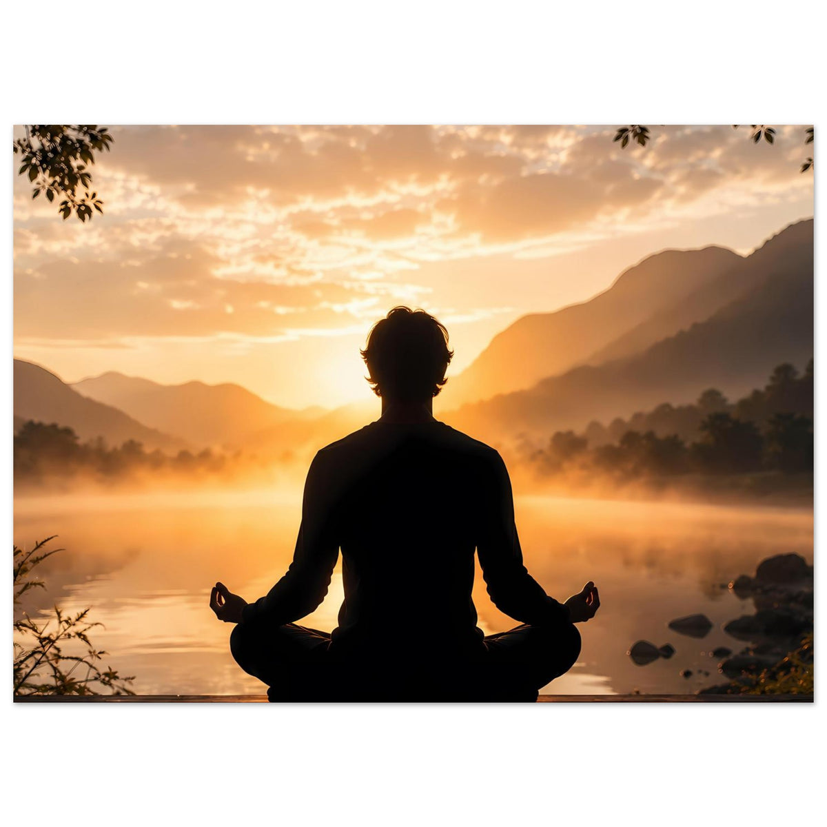 Meditationsposter Querformat mit Silhouette im Lotossitz bei Sonnenaufgang