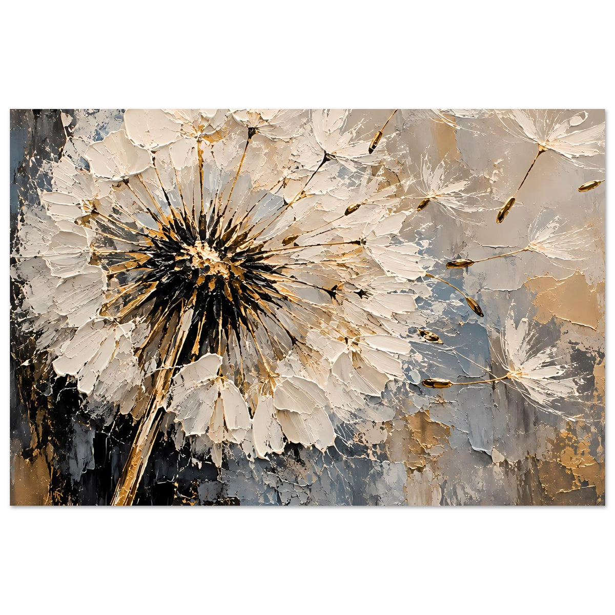 Deko-Poster mit Pusteblume, goldene Akzente und Risseffekt, Beige-Blau-Grau, Querformat
