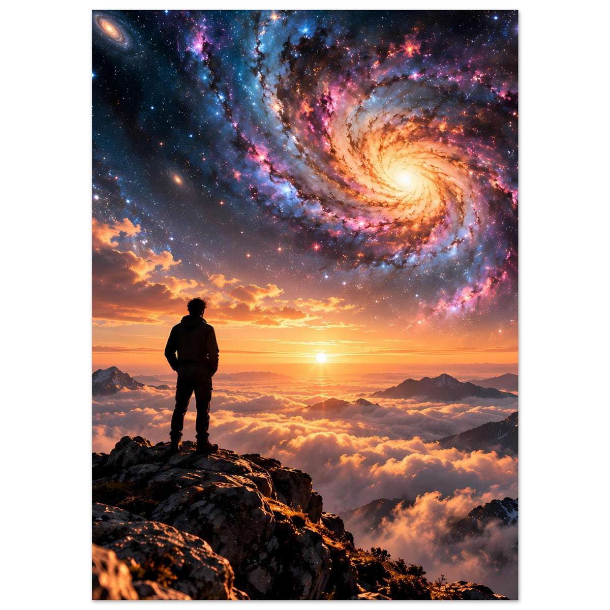 Vertikales Poster mit Spiralgalaxie, goldener Sonne und Bergen; Silhouette auf dem Gipfel