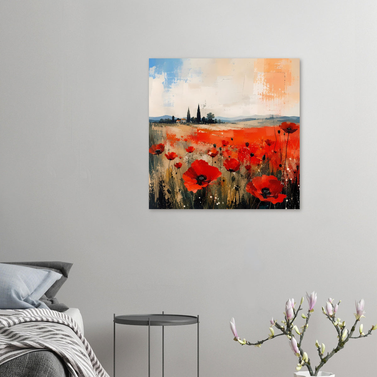 Kleines Poster mit roten Mohnblumen und abstrakter Landschaft, große Blüten und Pinselstriche