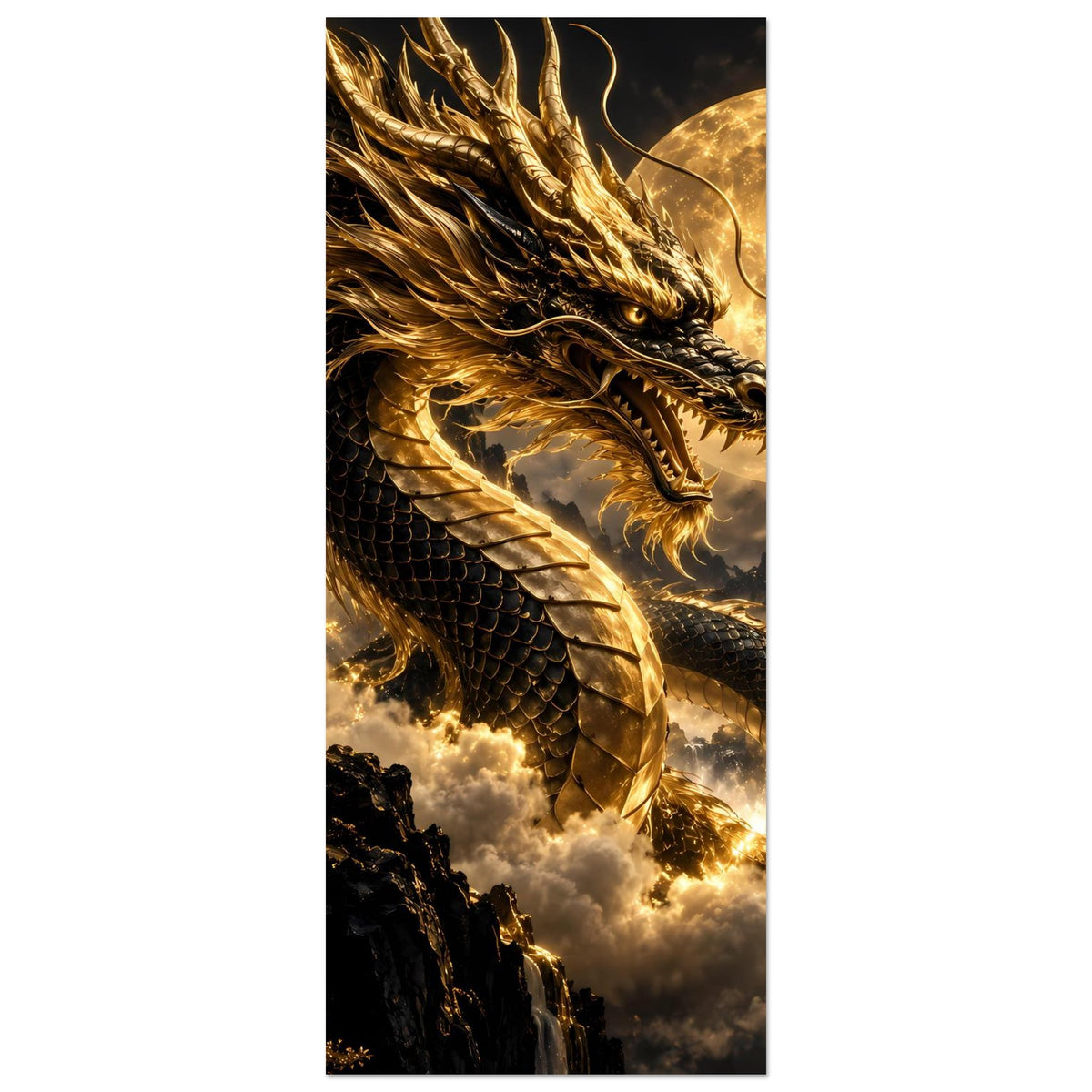 Drachenposter (hochkant): goldener Drachenkopf mit Flügeln, Vollmond im Hintergrund