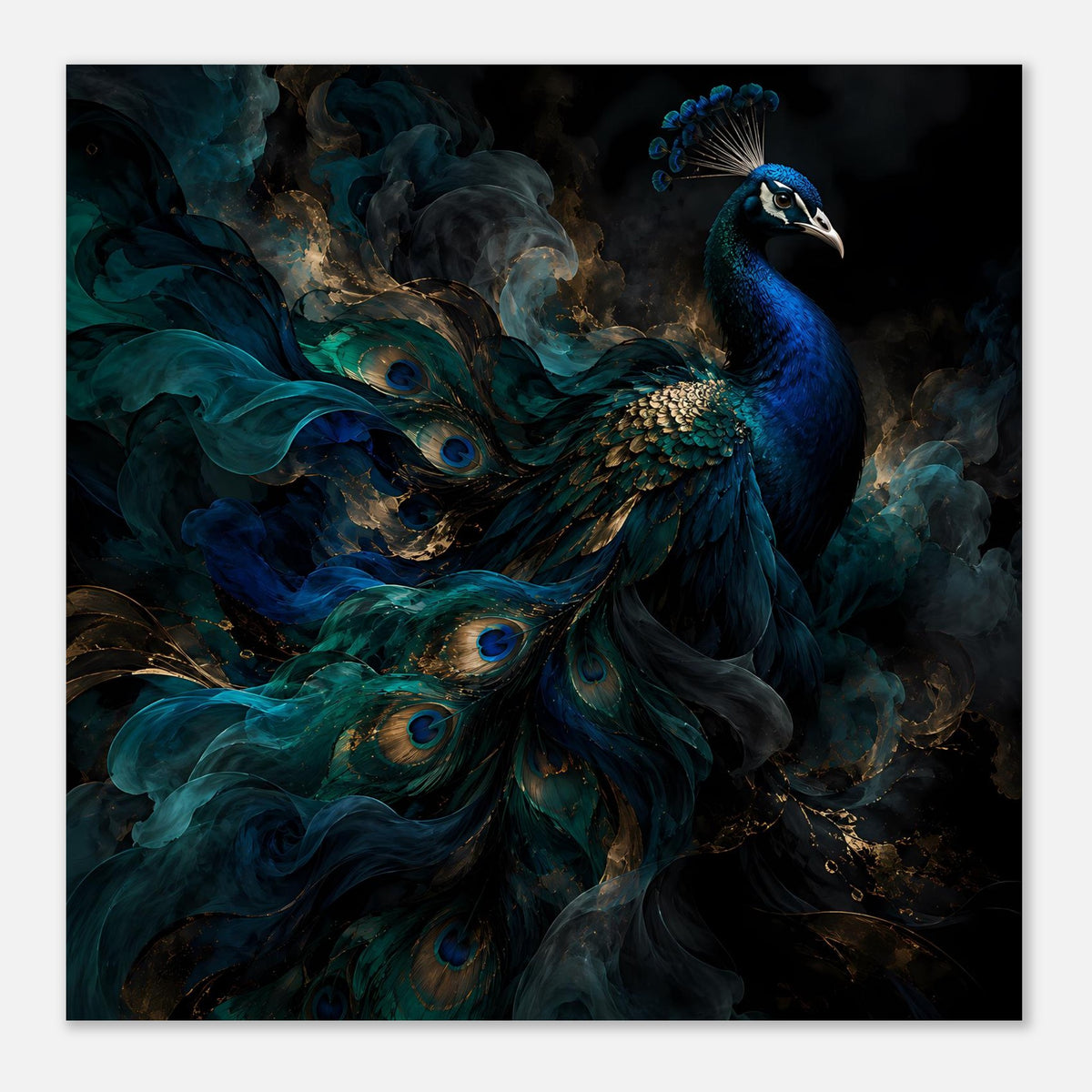 Quadratisches Poster mit Pfau und Federwirbel in Blau-Grün