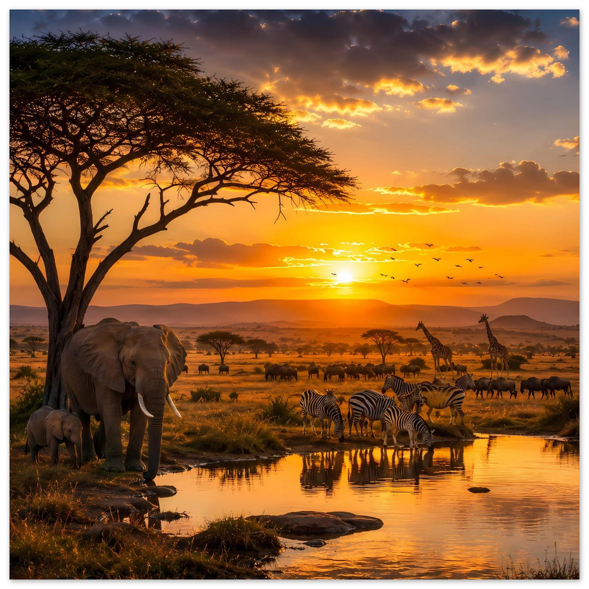 Poster mit Herde Elefanten und Zebras an der Wasserstelle im Abendhimmel