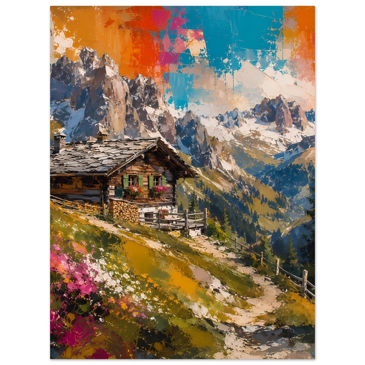 Poster mit Berglandschaft und Hütte, vertikale Ausrichtung, farbiger Himmel